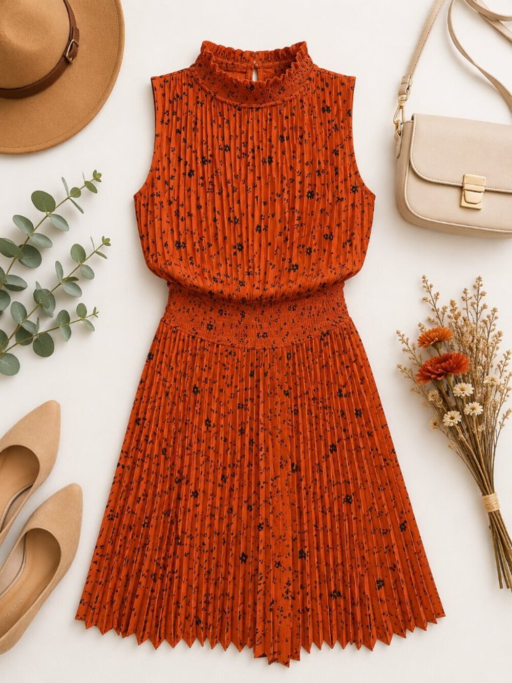 Nanette Lepore Pleated Mock Neck Dress Size 10 Rust Orange Floral Sleeveless